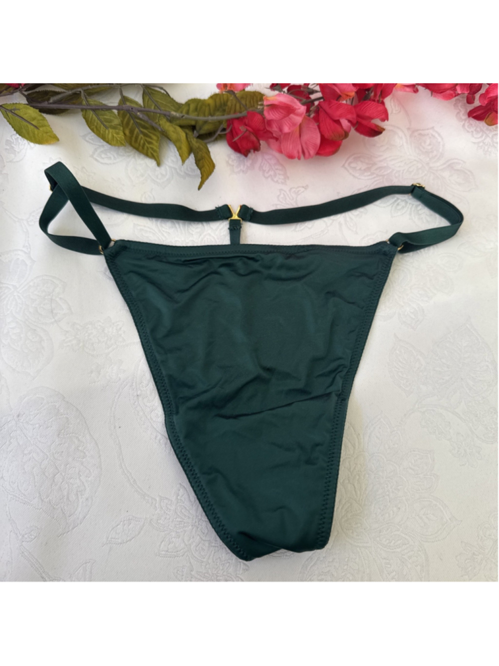 VICTORIA'S SECRET XL DARK GREEN SILKY GOLD V STRING STRAPPY THONG PANTIES NWT